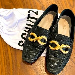 Schutz black and gold snake detail flats